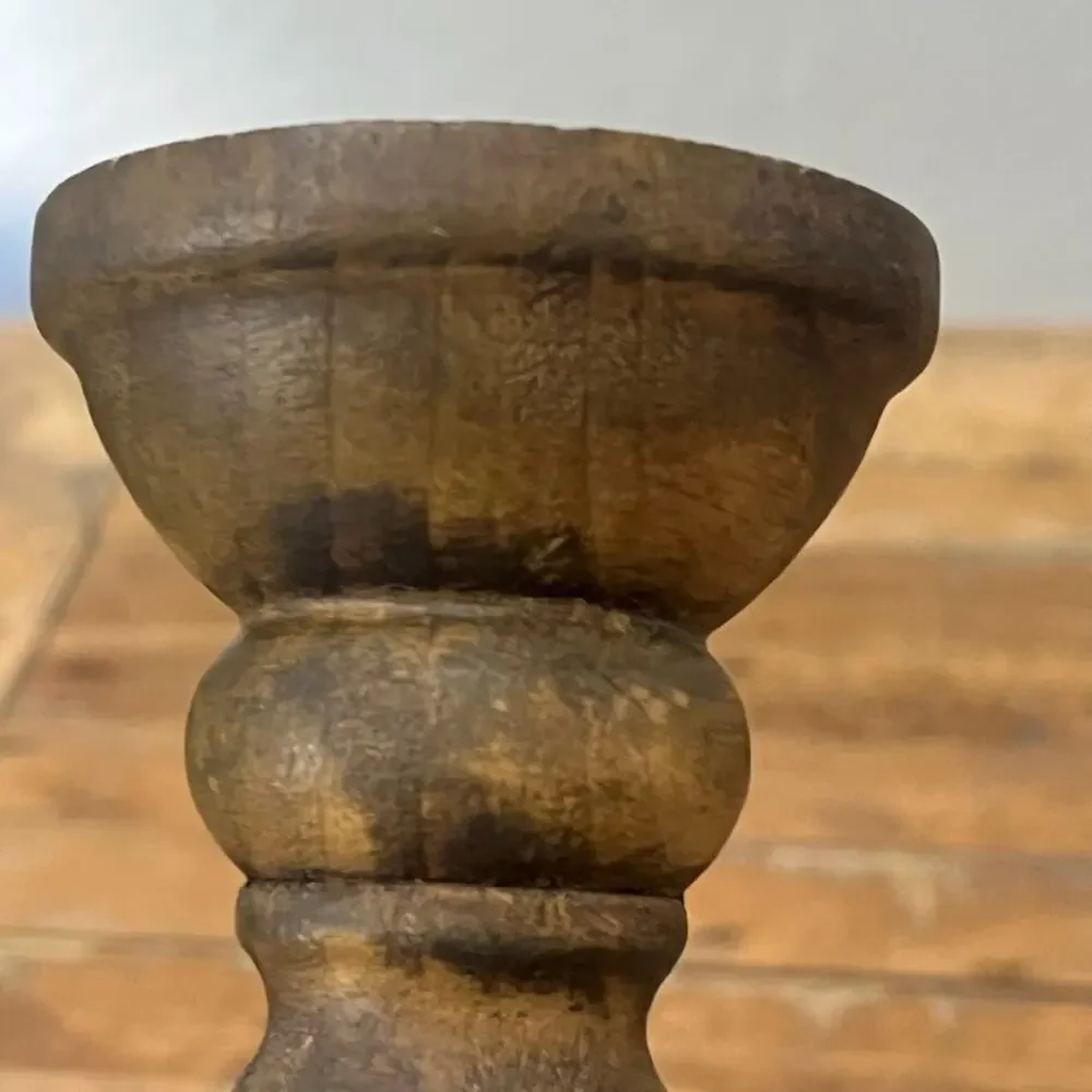 Antique Candle Holder Hand Carved Cast Iron and Wood 12.8